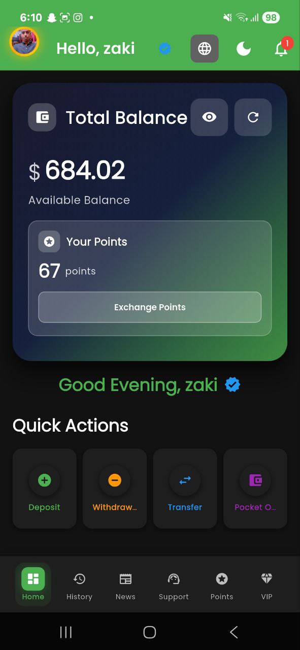 NuuniPay primary screen summarizing balances and recent activity